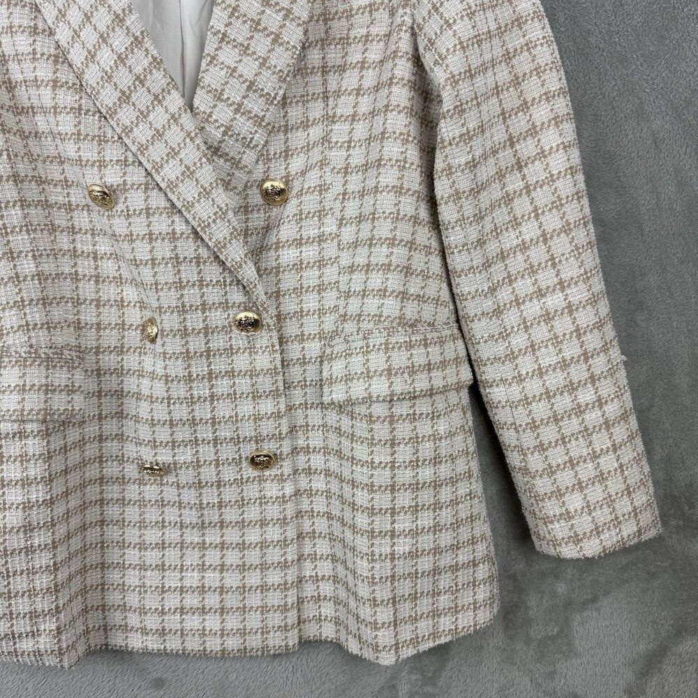Tweed Double Breasted Blazer Suit Jacket White Brown Longer Length Women's S - Picture 6 of 12